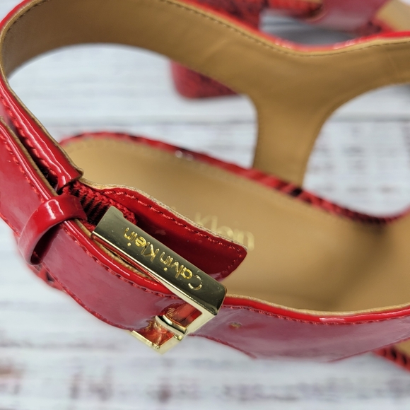 Calvin Klein Cimi Red Patent Open Toe Block Heel Sandals | 8 - Picture 7 of 11